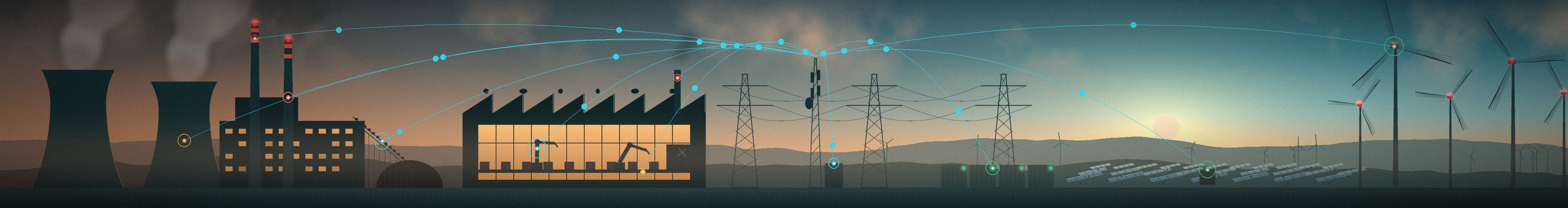 Panorama from a thermal power plant and factory, through power lines and an IoT gateway, to battery storage, solar and wind
